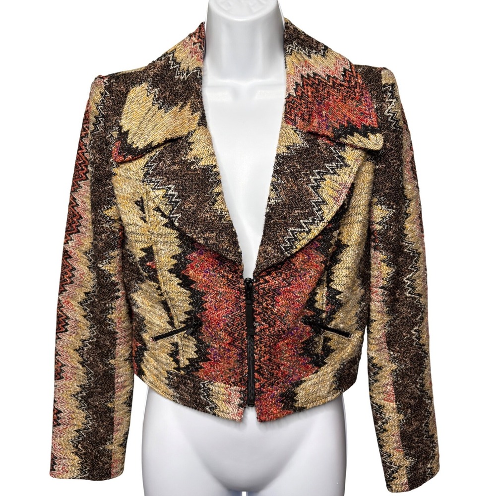 DINA BAR-EL Brown Chevron Knit Cropped Moto Jacket Sz 8 Zip Up Maximalist Artsy